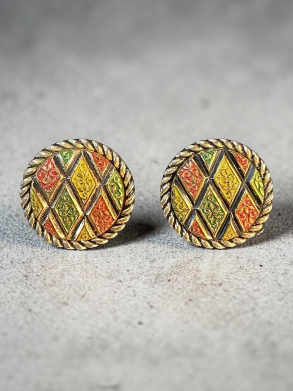 Vintage Sarah Coventry Mosiac Round Diamond Pattern Clip On Earrings